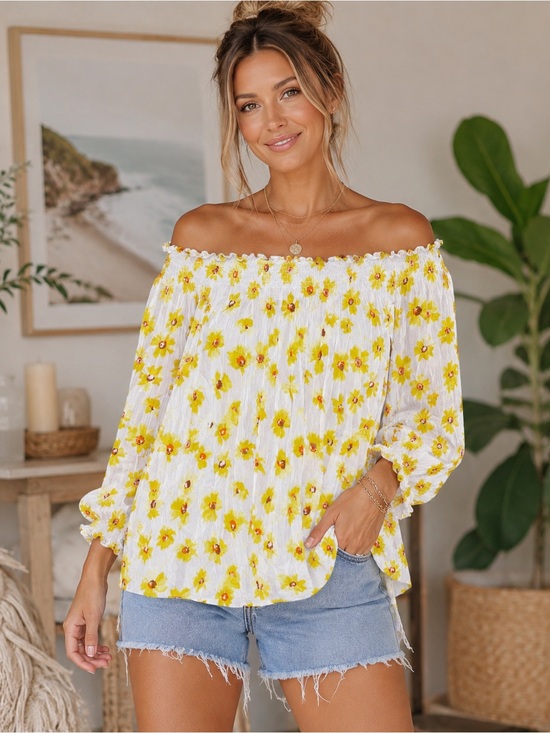 MELLODAY Tops - Melloday Floral Off-the-Shoulder Peasant Blouse XL White Yellow Rayon Boho A26